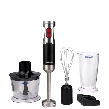 Sonashi 4-in-1 Hand Blender Set – 600W Powerful Motor | With 700ml Mixing Jar, 500ml Chopper, Whisk & Stainless Steel Shaft | Easy Speed Control – Black/Silver | SHB-179JBCW - Damoo