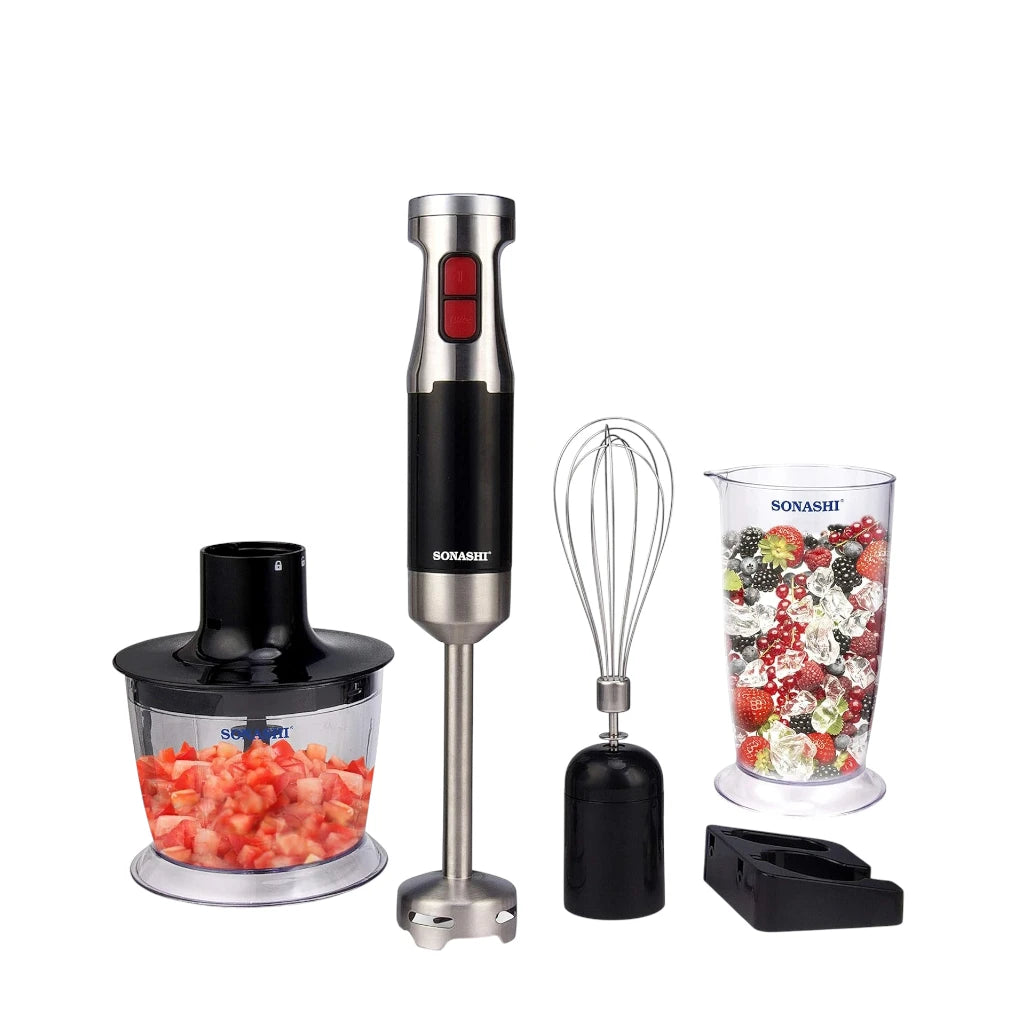 Sonashi 4-in-1 Hand Blender Set – 600W Powerful Motor | With 700ml Mixing Jar, 500ml Chopper, Whisk & Stainless Steel Shaft | Easy Speed Control – Black/Silver | SHB-179JBCW - Damoo