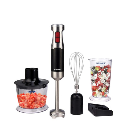 Sonashi 4-in-1 Hand Blender Set – 600W Powerful Motor | With 700ml Mixing Jar, 500ml Chopper, Whisk & Stainless Steel Shaft | Easy Speed Control – Black/Silver | SHB-179JBCW - Damoo