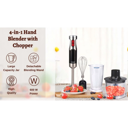 Sonashi 4-in-1 Hand Blender Set – 600W Powerful Motor | With 700ml Mixing Jar, 500ml Chopper, Whisk & Stainless Steel Shaft | Easy Speed Control – Black/Silver | SHB-179JBCW - Damoo