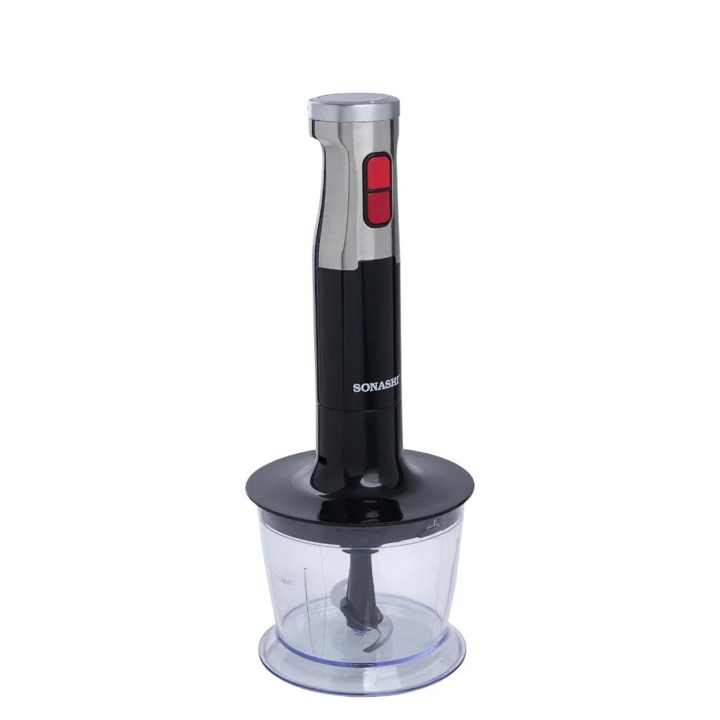Sonashi 4-in-1 Hand Blender Set – 600W Powerful Motor | With 700ml Mixing Jar, 500ml Chopper, Whisk & Stainless Steel Shaft | Easy Speed Control – Black/Silver | SHB-179JBCW - Damoo
