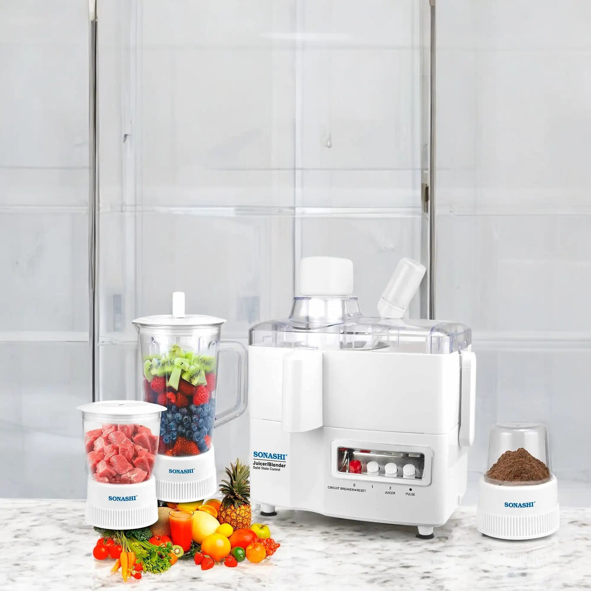Sonashi 4-in-1 Juicer Blender – 600W Copper Motor, 1.0L Blender Jar, Mincer & Grinder Mill, Stainless Steel Grater, Pulse Function, Overheat Protection, Easy-Clean Design (White) | SJB-309 - Damoo