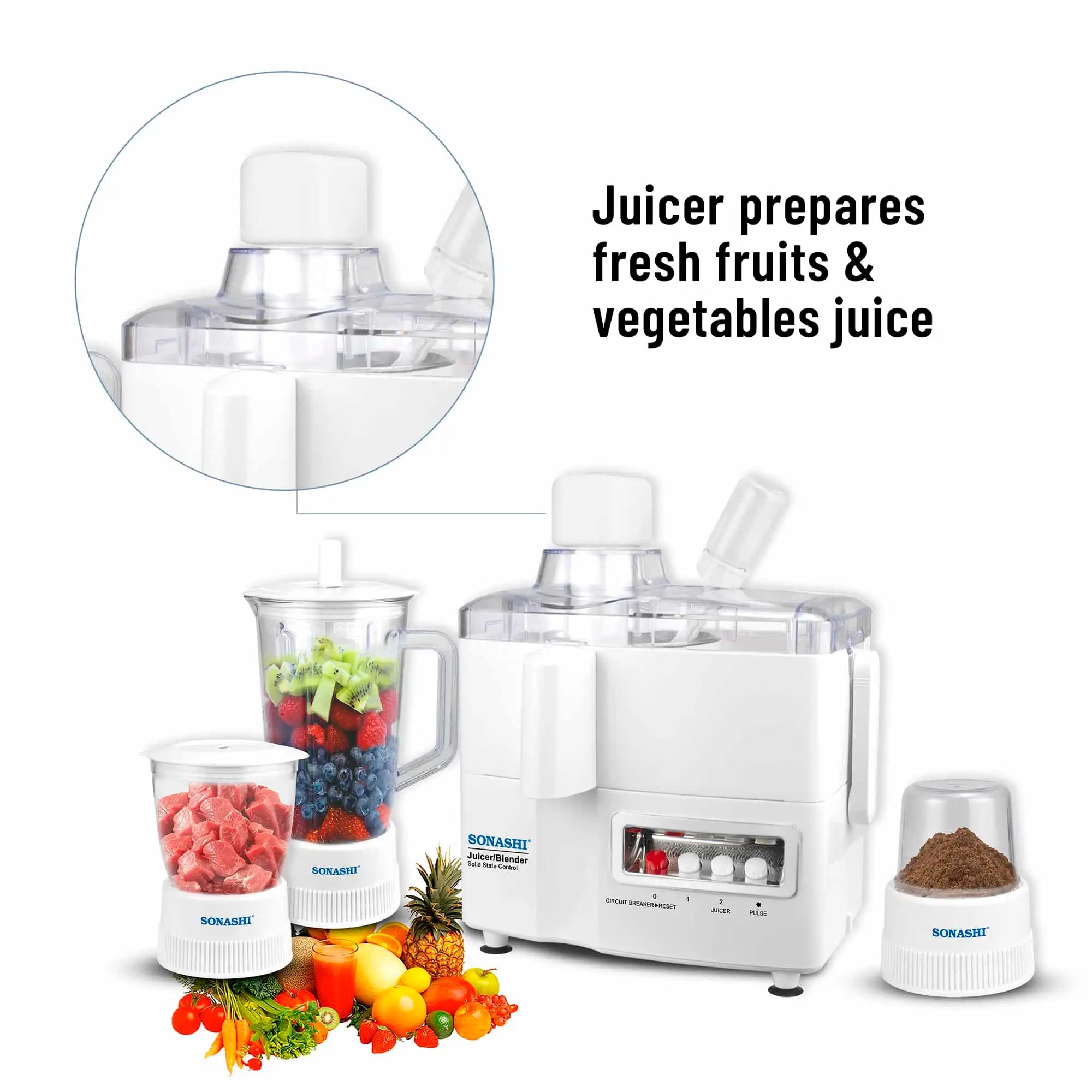 Sonashi 4-in-1 Juicer Blender – 600W Copper Motor, 1.0L Blender Jar, Mincer & Grinder Mill, Stainless Steel Grater, Pulse Function, Overheat Protection, Easy-Clean Design (White) | SJB-309 - Damoo