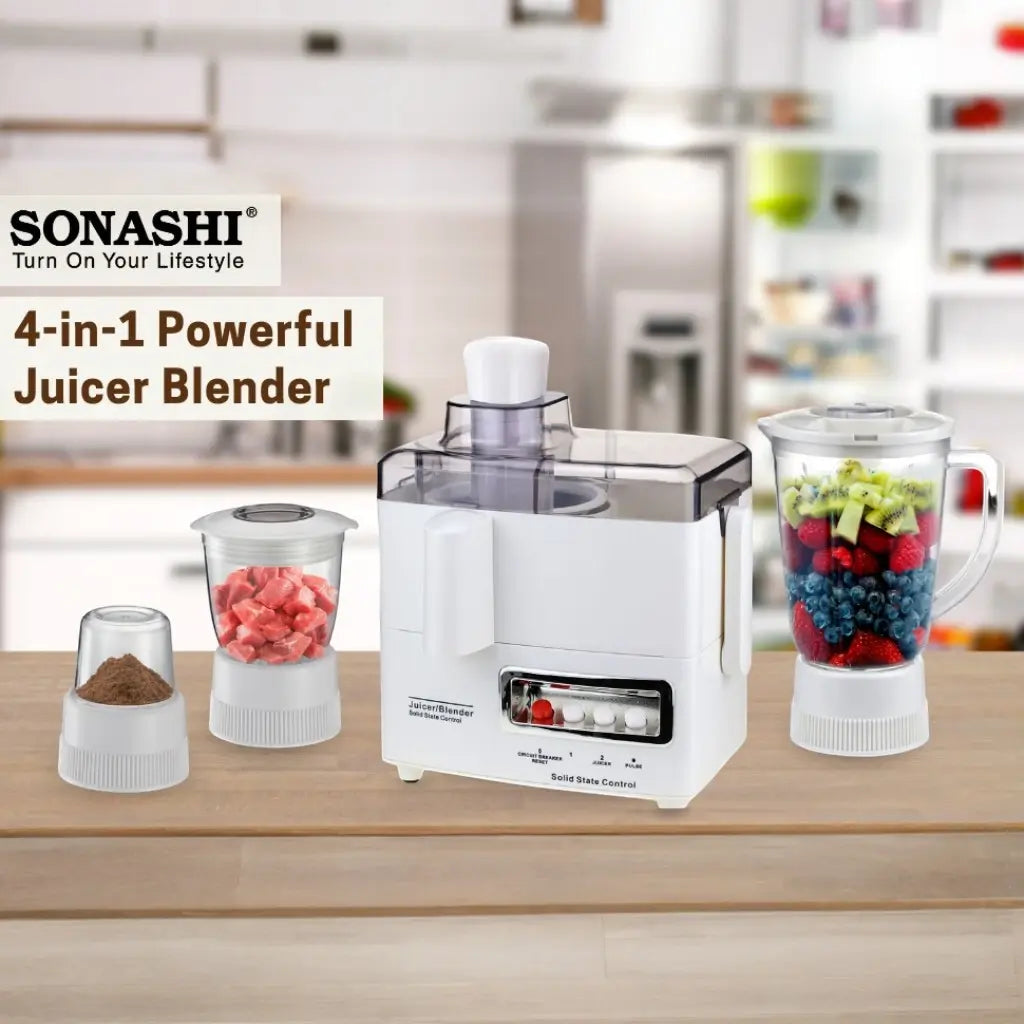 Sonashi 4-in-1 Juicer Blender – 600W Copper Motor, 1.0L Blender Jar, Mincer & Grinder Mill, Stainless Steel Grater, Pulse Function, Overheat Protection, Easy-Clean Design (White) | SJB-309 - Damoo