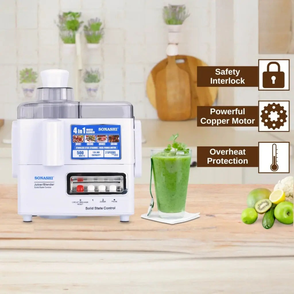 Sonashi 4-in-1 Juicer Blender – 600W Copper Motor, 1.0L Blender Jar, Mincer & Grinder Mill, Stainless Steel Grater, Pulse Function, Overheat Protection, Easy-Clean Design (White) | SJB-309 - Damoo