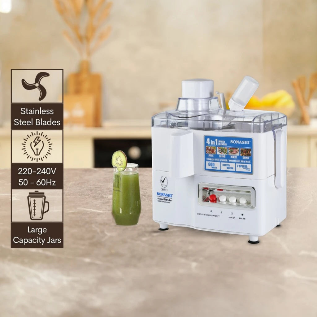Sonashi 4-in-1 Juicer Blender – 600W Copper Motor, 1.0L Blender Jar, Mincer & Grinder Mill, Stainless Steel Grater, Pulse Function, Overheat Protection, Easy-Clean Design (White) | SJB-309 - Damoo