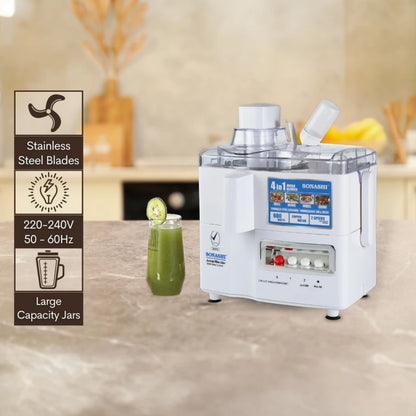 Sonashi 4-in-1 Juicer Blender – 600W Copper Motor, 1.0L Blender Jar, Mincer & Grinder Mill, Stainless Steel Grater, Pulse Function, Overheat Protection, Easy-Clean Design (White) | SJB-309 - Damoo
