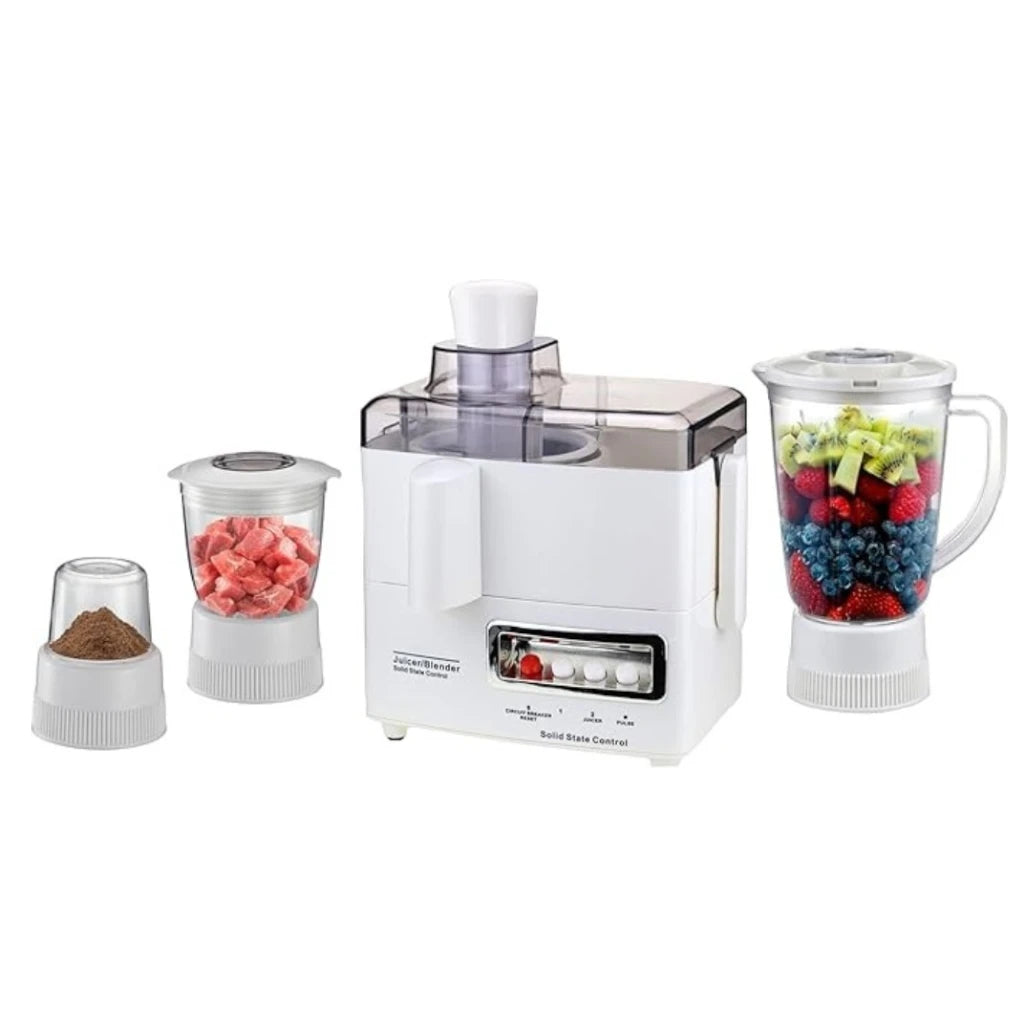 Sonashi 4-in-1 Juicer Blender – 600W Copper Motor, 1.0L Blender Jar, Mincer & Grinder Mill, Stainless Steel Grater, Pulse Function, Overheat Protection, Easy-Clean Design (White) | SJB-309 - Damoo