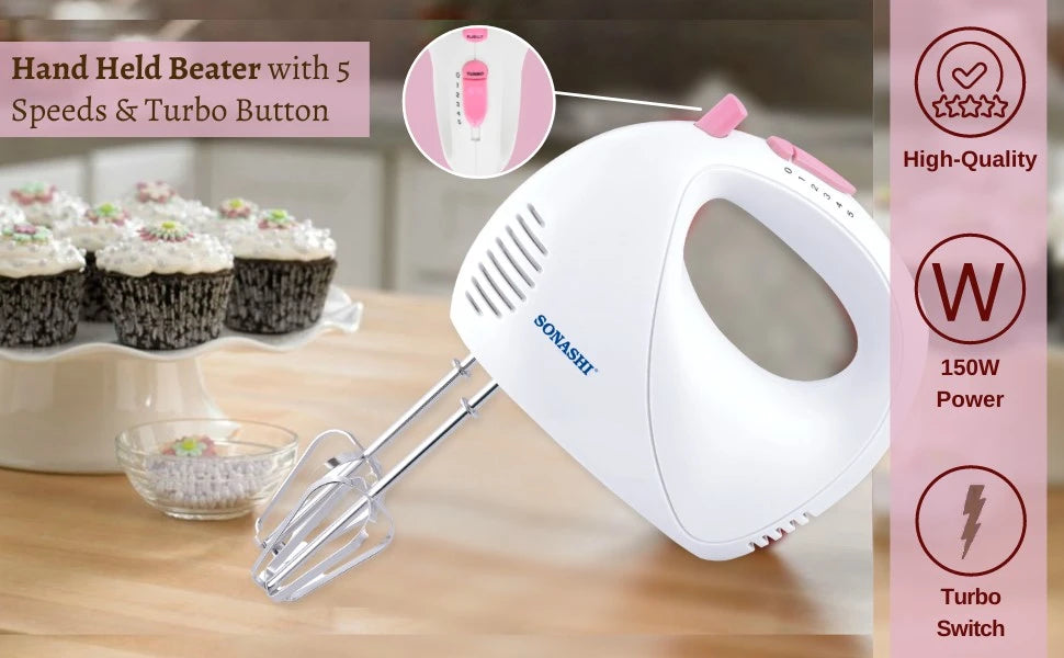 Sonashi 5-Speed Hand Mixer SMX-144 – Cake Beater with Turbo Boost, Dough Hooks & Beaters | 150W Lightweight Electric Mixer for Baking & Whipping | White/Pink - Damoo