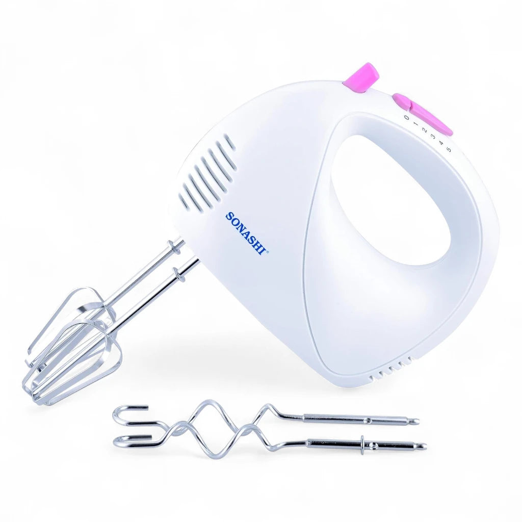 Sonashi 5-Speed Hand Mixer SMX-144 – Cake Beater with Turbo Boost, Dough Hooks & Beaters | 150W Lightweight Electric Mixer for Baking & Whipping | White/Pink - Damoo