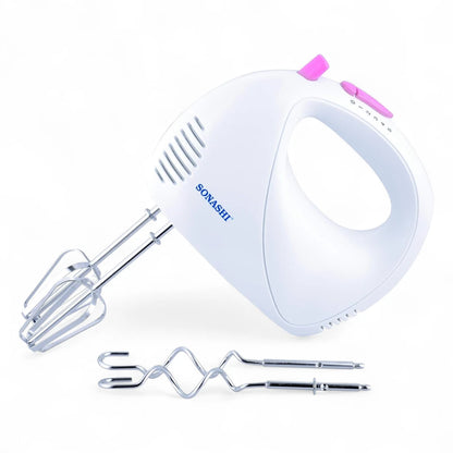 Sonashi 5-Speed Hand Mixer SMX-144 – Cake Beater with Turbo Boost, Dough Hooks & Beaters | 150W Lightweight Electric Mixer for Baking & Whipping | White/Pink - Damoo