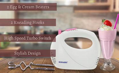Sonashi 5-Speed Hand Mixer SMX-144 – Cake Beater with Turbo Boost, Dough Hooks & Beaters | 150W Lightweight Electric Mixer for Baking & Whipping | White/Pink - Damoo