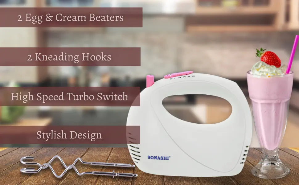 Sonashi 5-Speed Hand Mixer SMX-144 – Cake Beater with Turbo Boost, Dough Hooks & Beaters | 150W Lightweight Electric Mixer for Baking & Whipping | White/Pink - Damoo