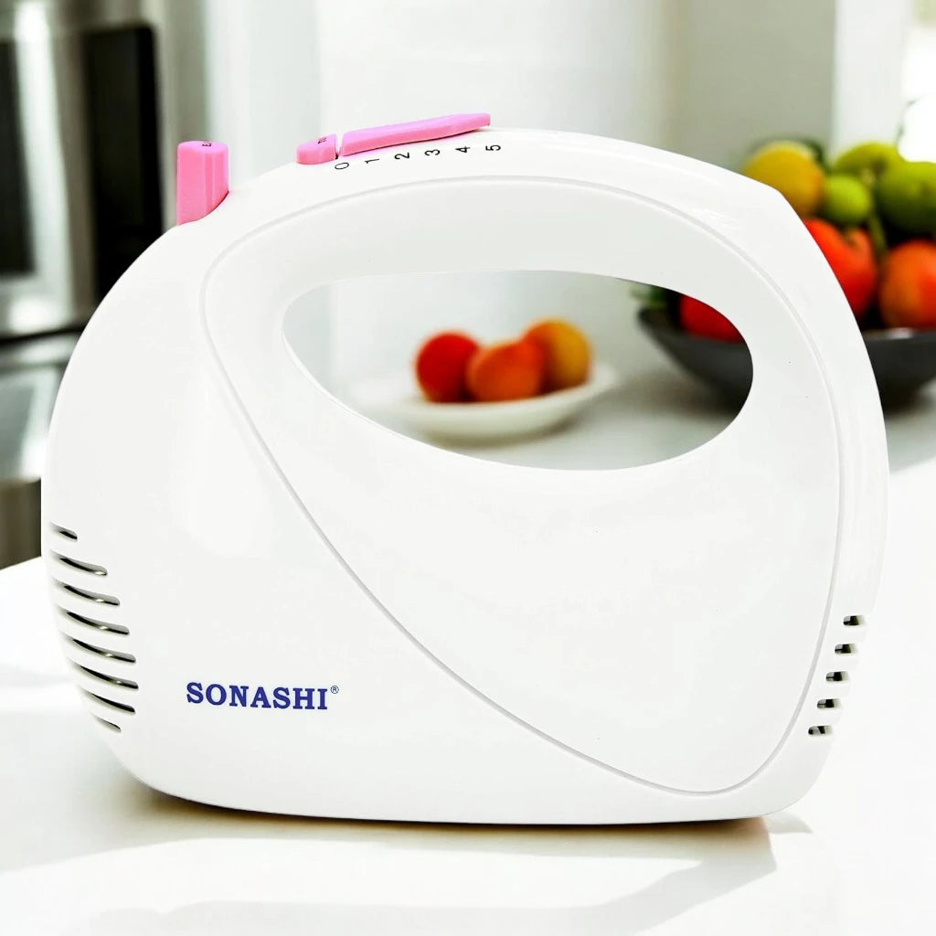 Sonashi 5-Speed Hand Mixer SMX-144 – Cake Beater with Turbo Boost, Dough Hooks & Beaters | 150W Lightweight Electric Mixer for Baking & Whipping | White/Pink - Damoo