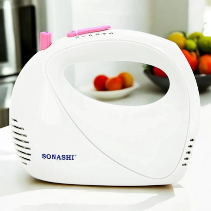 Sonashi 5-Speed Hand Mixer SMX-144 – Cake Beater with Turbo Boost, Dough Hooks & Beaters | 150W Lightweight Electric Mixer for Baking & Whipping | White/Pink - Damoo