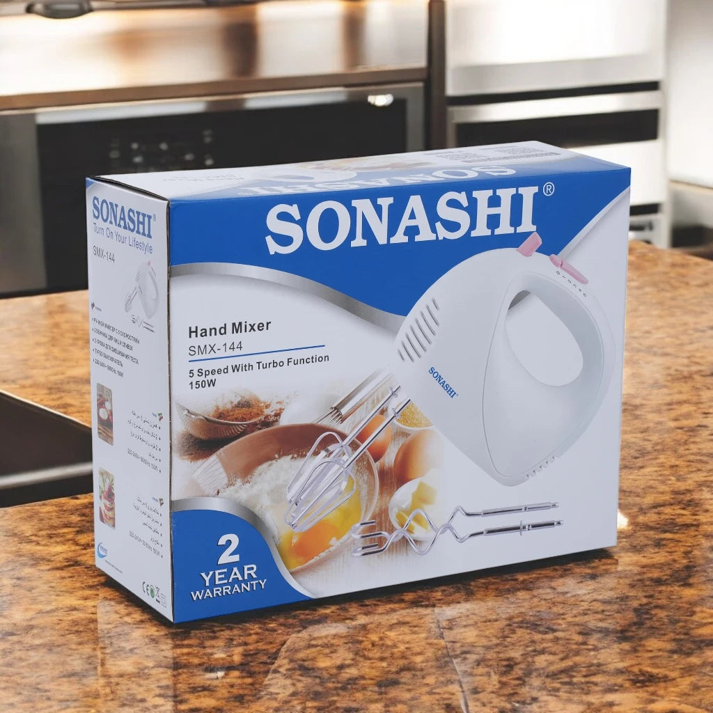 Sonashi 5-Speed Hand Mixer SMX-144 – Cake Beater with Turbo Boost, Dough Hooks & Beaters | 150W Lightweight Electric Mixer for Baking & Whipping | White/Pink - Damoo