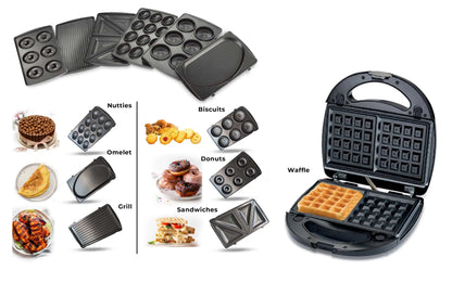 Sonashi 7-in-1 Multi Snack Maker SSM-862 – Detachable Plates for Sandwich, Waffle, Donut, Grill, Cupcake, Omelet & Nutty Snacks | Non-Stick, Compact Design, Cool-Touch Handle | 220-240V - Damoo