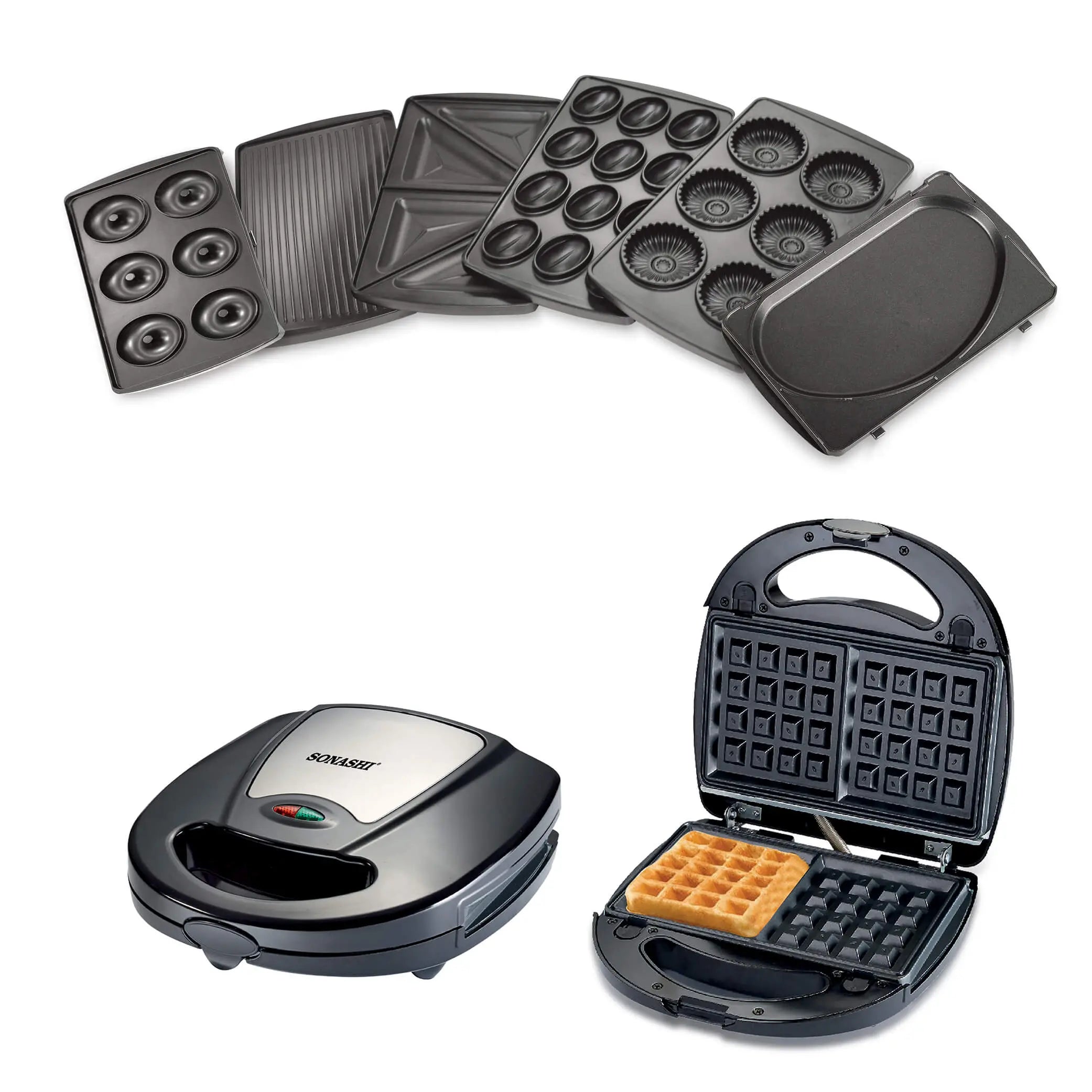Sonashi 7-in-1 Multi Snack Maker SSM-862 – Detachable Plates for Sandwich, Waffle, Donut, Grill, Cupcake, Omelet & Nutty Snacks | Non-Stick, Compact Design, Cool-Touch Handle | 220-240V - Damoo