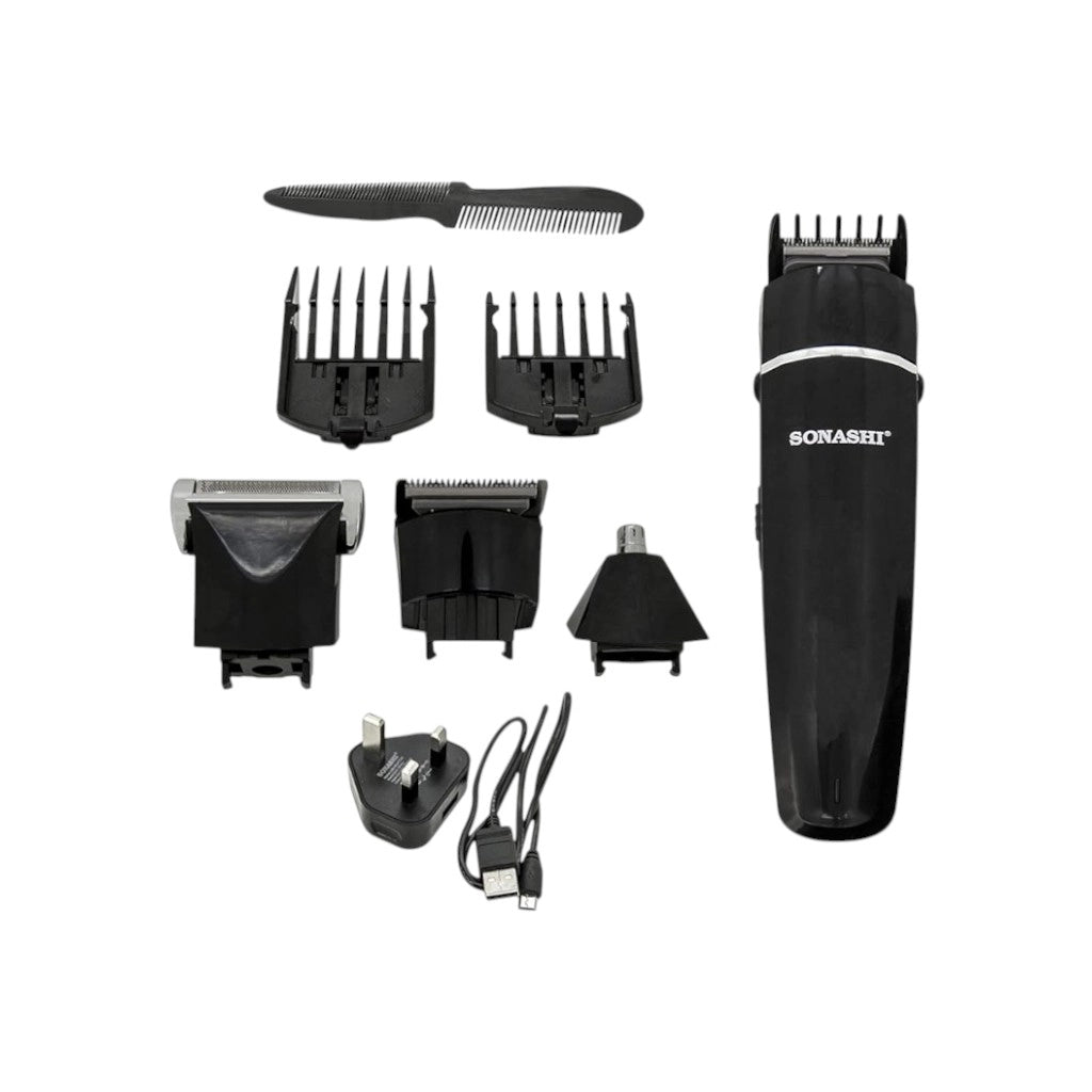 Sonashi 7-in-1 Rechargeable Hair Clipper for Men – Full Size & Precision Trimmer, Stainless Steel Blades, 45-Min Runtime, Rotary Motor, Grey - SHC-1014 - Damoo