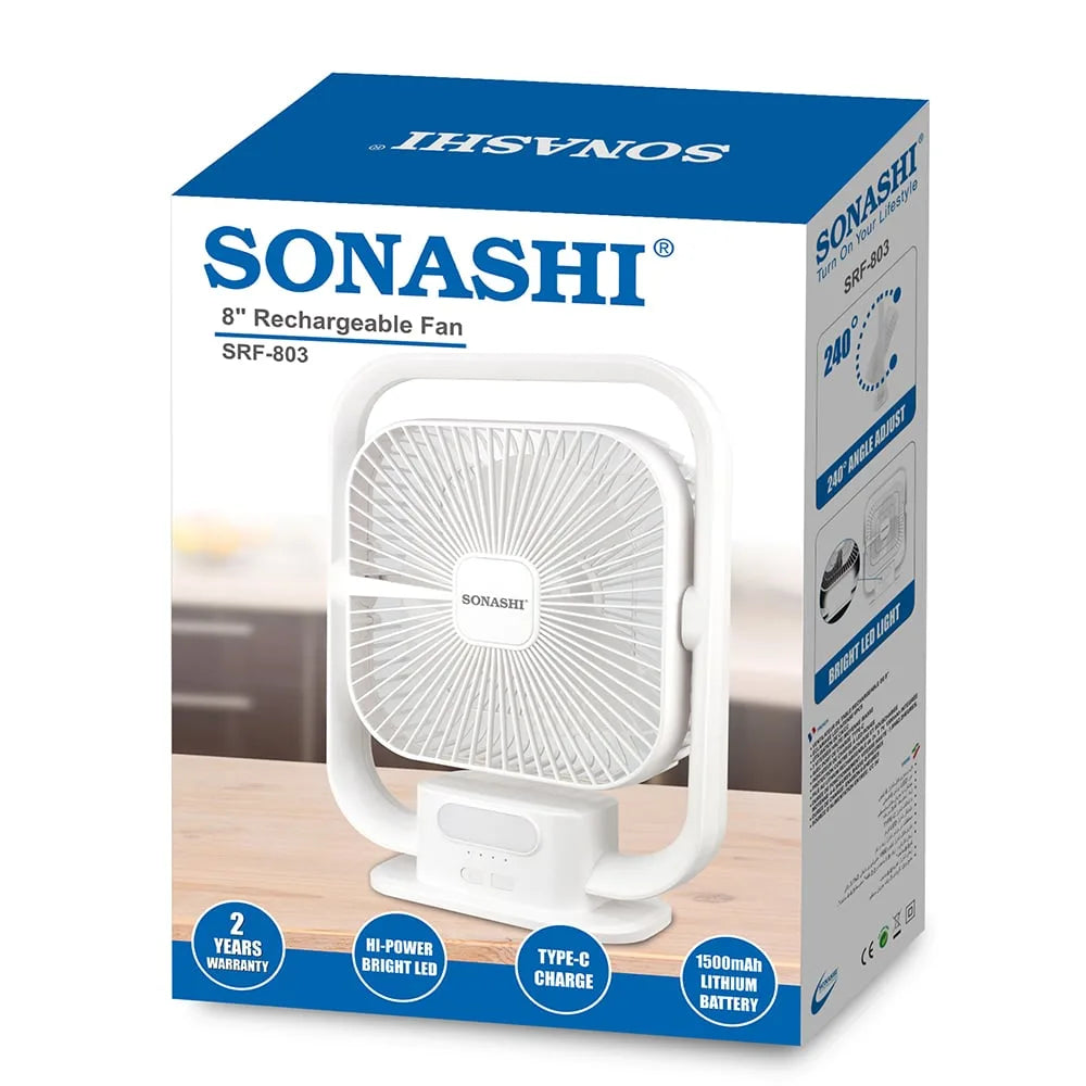 Sonashi 8-Inch Rechargeable Table Fan with LED Light – 3 Speed Settings, Adjustable Tilt, Strong Wind, Up to 9 Hours Runtime, Portable & Silent – SRF-803 White - Damoo