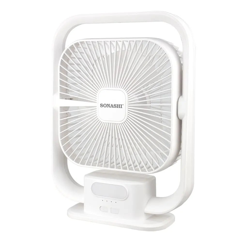Sonashi 8-Inch Rechargeable Table Fan with LED Light – 3 Speed Settings, Adjustable Tilt, Strong Wind, Up to 9 Hours Runtime, Portable & Silent – SRF-803 White - Damoo
