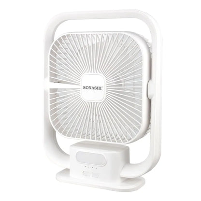 Sonashi 8-Inch Rechargeable Table Fan with LED Light – 3 Speed Settings, Adjustable Tilt, Strong Wind, Up to 9 Hours Runtime, Portable & Silent – SRF-803 White - Damoo