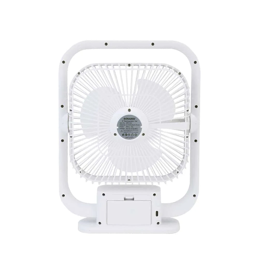 Sonashi 8-Inch Rechargeable Table Fan with LED Light – 3 Speed Settings, Adjustable Tilt, Strong Wind, Up to 9 Hours Runtime, Portable & Silent – SRF-803 White - Damoo