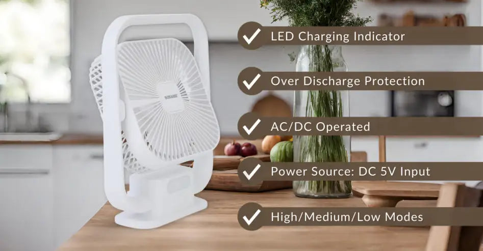 Sonashi 8-Inch Rechargeable Table Fan with LED Light – 3 Speed Settings, Adjustable Tilt, Strong Wind, Up to 9 Hours Runtime, Portable & Silent – SRF-803 White - Damoo