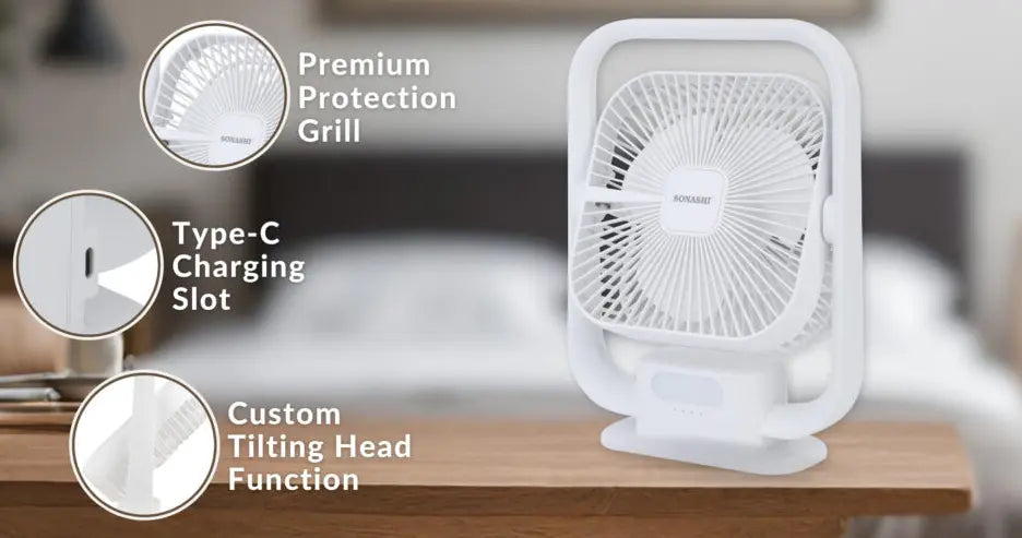 Sonashi 8-Inch Rechargeable Table Fan with LED Light – 3 Speed Settings, Adjustable Tilt, Strong Wind, Up to 9 Hours Runtime, Portable & Silent – SRF-803 White - Damoo