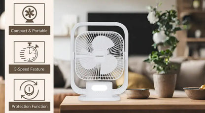 Sonashi 8-Inch Rechargeable Table Fan with LED Light – 3 Speed Settings, Adjustable Tilt, Strong Wind, Up to 9 Hours Runtime, Portable & Silent – SRF-803 White - Damoo