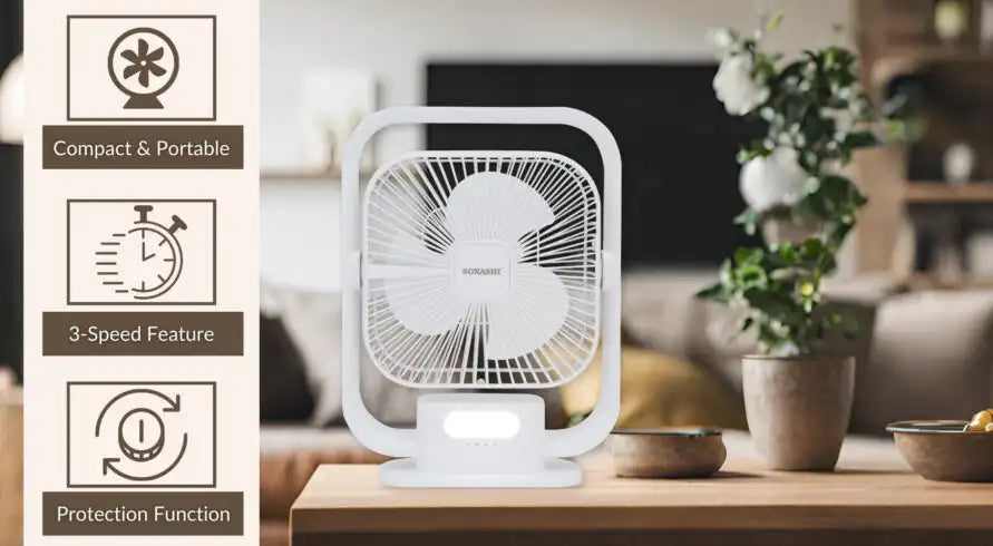 Sonashi 8-Inch Rechargeable Table Fan with LED Light – 3 Speed Settings, Adjustable Tilt, Strong Wind, Up to 9 Hours Runtime, Portable & Silent – SRF-803 White - Damoo