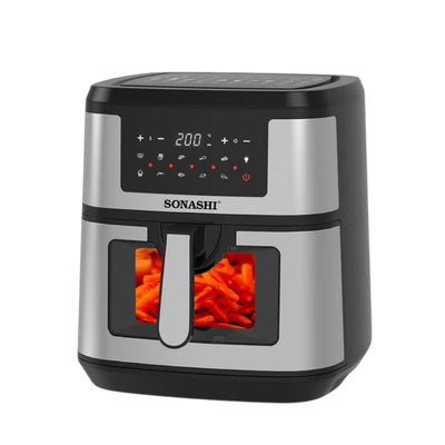 Sonashi 9.5L Digital Air Fryer SAF-950 – 1800W LED Touchscreen, Transparent Basket, 10 Auto Cook Functions &amp; Overheat Protection – Black/Silver - Damoo