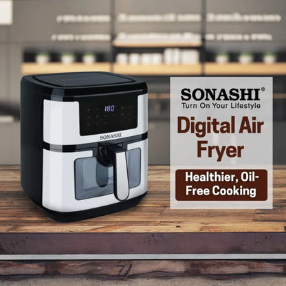 Sonashi 9.5L Digital Air Fryer SAF-950 – 1800W LED Touchscreen, Transparent Basket, 10 Auto Cook Functions &amp; Overheat Protection – Black/Silver - Damoo