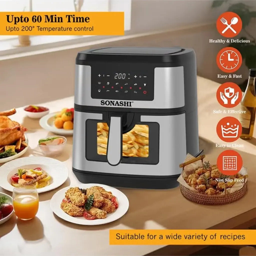 Sonashi 9.5L Digital Air Fryer SAF-950 – 1800W LED Touchscreen, Transparent Basket, 10 Auto Cook Functions &amp; Overheat Protection – Black/Silver - Damoo