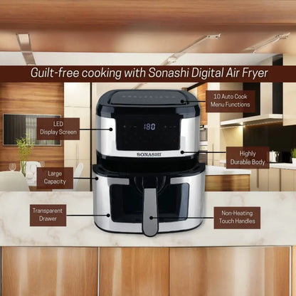 Sonashi 9.5L Digital Air Fryer SAF-950 – 1800W LED Touchscreen, Transparent Basket, 10 Auto Cook Functions &amp; Overheat Protection – Black/Silver - Damoo