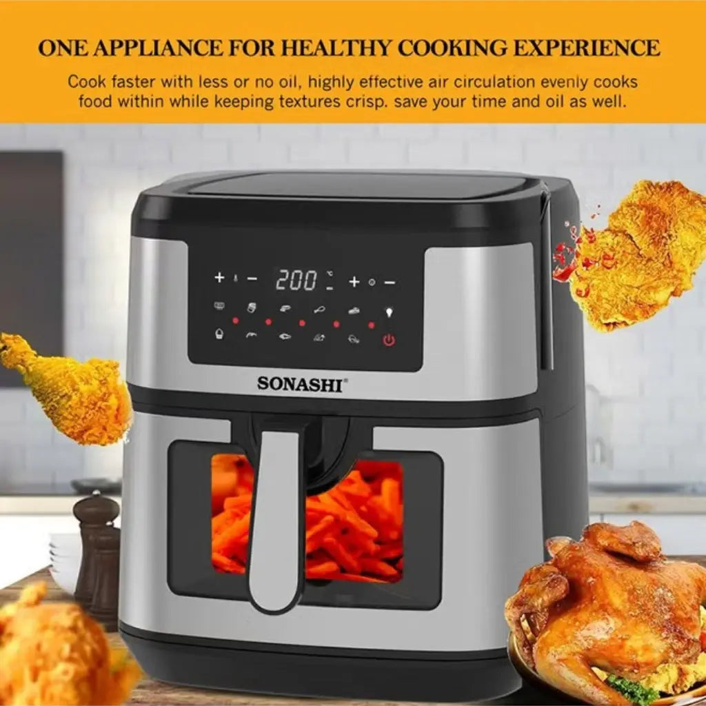 Sonashi 9.5L Digital Air Fryer SAF-950 – 1800W LED Touchscreen, Transparent Basket, 10 Auto Cook Functions &amp; Overheat Protection – Black/Silver - Damoo