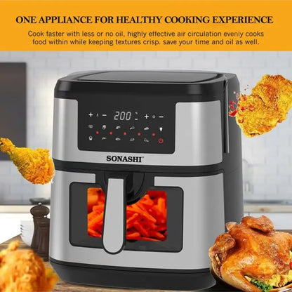 Sonashi 9.5L Digital Air Fryer SAF-950 – 1800W LED Touchscreen, Transparent Basket, 10 Auto Cook Functions &amp; Overheat Protection – Black/Silver - Damoo