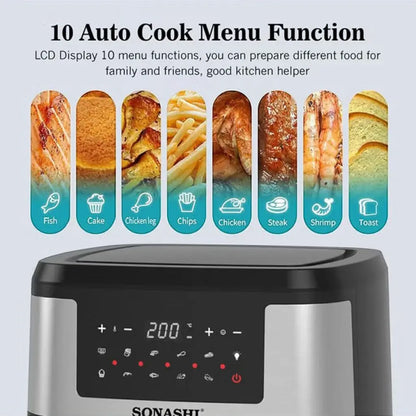 Sonashi 9.5L Digital Air Fryer SAF-950 – 1800W LED Touchscreen, Transparent Basket, 10 Auto Cook Functions &amp; Overheat Protection – Black/Silver - Damoo