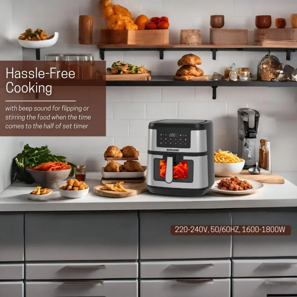 Sonashi 9.5L Digital Air Fryer SAF-950 – 1800W LED Touchscreen, Transparent Basket, 10 Auto Cook Functions &amp; Overheat Protection – Black/Silver - Damoo