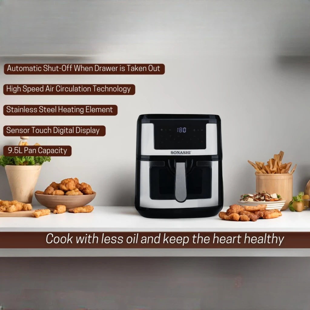 Sonashi 9.5L Digital Air Fryer SAF-950 – 1800W LED Touchscreen, Transparent Basket, 10 Auto Cook Functions &amp; Overheat Protection – Black/Silver - Damoo