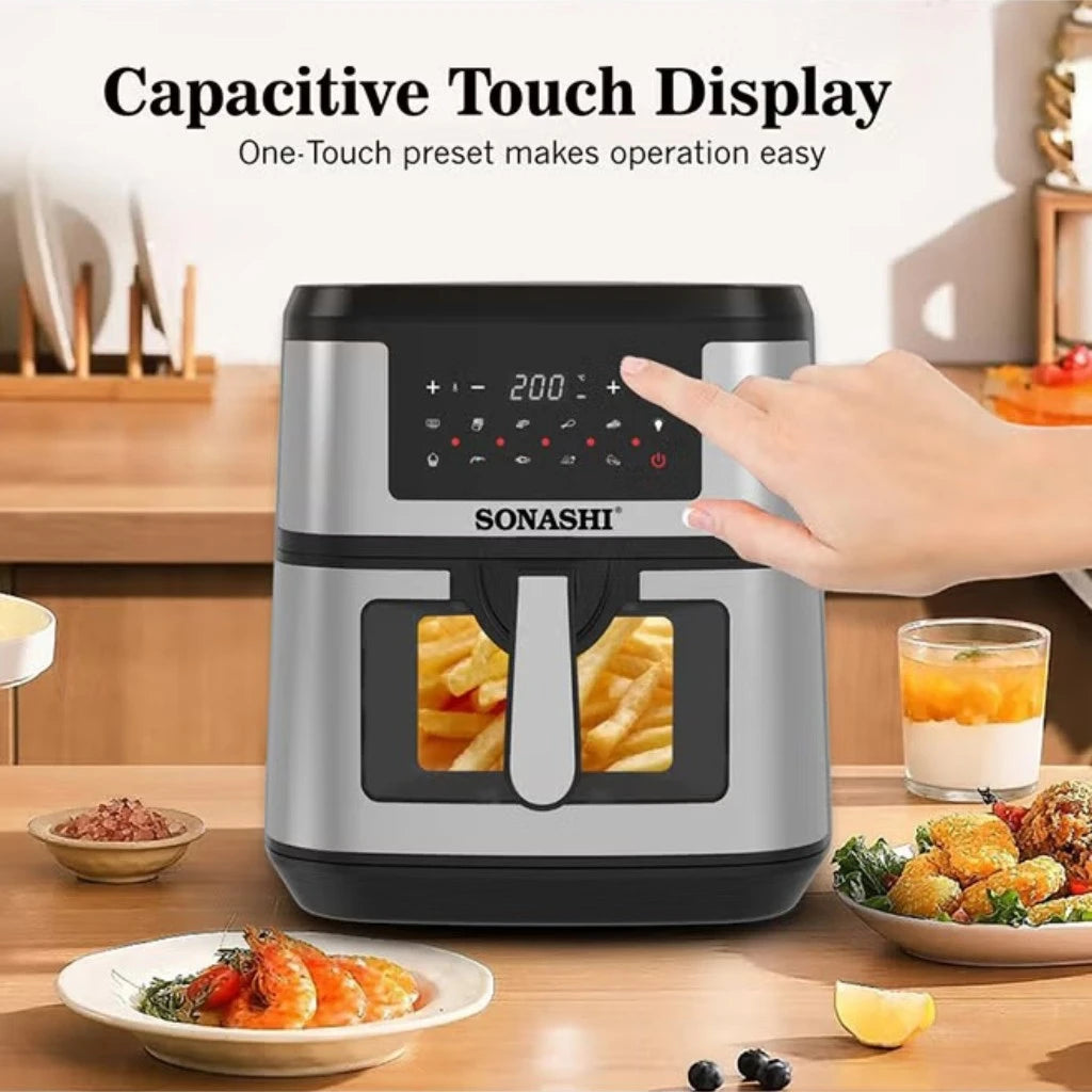 Sonashi 9.5L Digital Air Fryer SAF-950 – 1800W LED Touchscreen, Transparent Basket, 10 Auto Cook Functions &amp; Overheat Protection – Black/Silver - Damoo