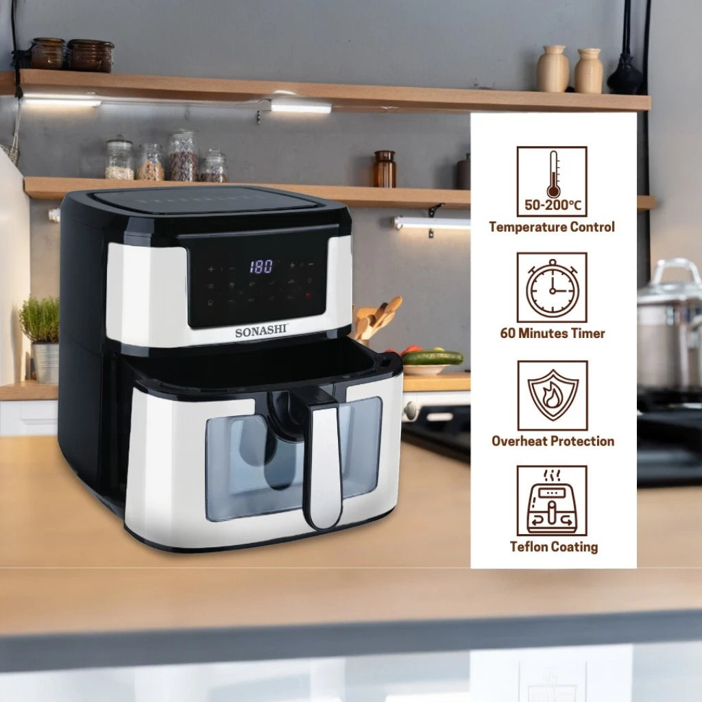 Sonashi 9.5L Digital Air Fryer SAF-950 – 1800W LED Touchscreen, Transparent Basket, 10 Auto Cook Functions &amp; Overheat Protection – Black/Silver - Damoo