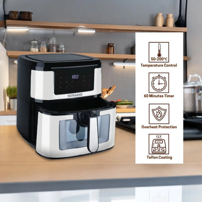 Sonashi 9.5L Digital Air Fryer SAF-950 – 1800W LED Touchscreen, Transparent Basket, 10 Auto Cook Functions &amp; Overheat Protection – Black/Silver - Damoo
