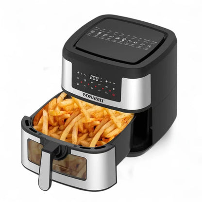 Sonashi 9.5L Digital Air Fryer SAF-950 – 1800W LED Touchscreen, Transparent Basket, 10 Auto Cook Functions &amp; Overheat Protection – Black/Silver - Damoo