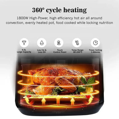 Sonashi 9.5L Digital Air Fryer SAF-950 – 1800W LED Touchscreen, Transparent Basket, 10 Auto Cook Functions &amp; Overheat Protection – Black/Silver - Damoo