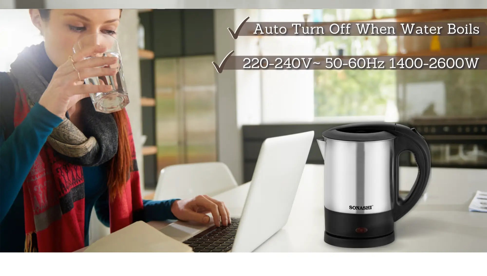 Sonashi Cordless Electric Kettle – 1L Stainless Steel Body, Fast Boil, Auto Shut-Off, Boil-Dry Protection, Light Indicator, 360° Swivel Base - SKT-1001 - Damoo