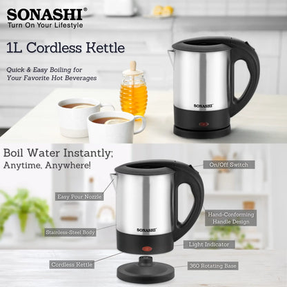 Sonashi Cordless Electric Kettle – 1L Stainless Steel Body, Fast Boil, Auto Shut-Off, Boil-Dry Protection, Light Indicator, 360° Swivel Base - SKT-1001 - Damoo