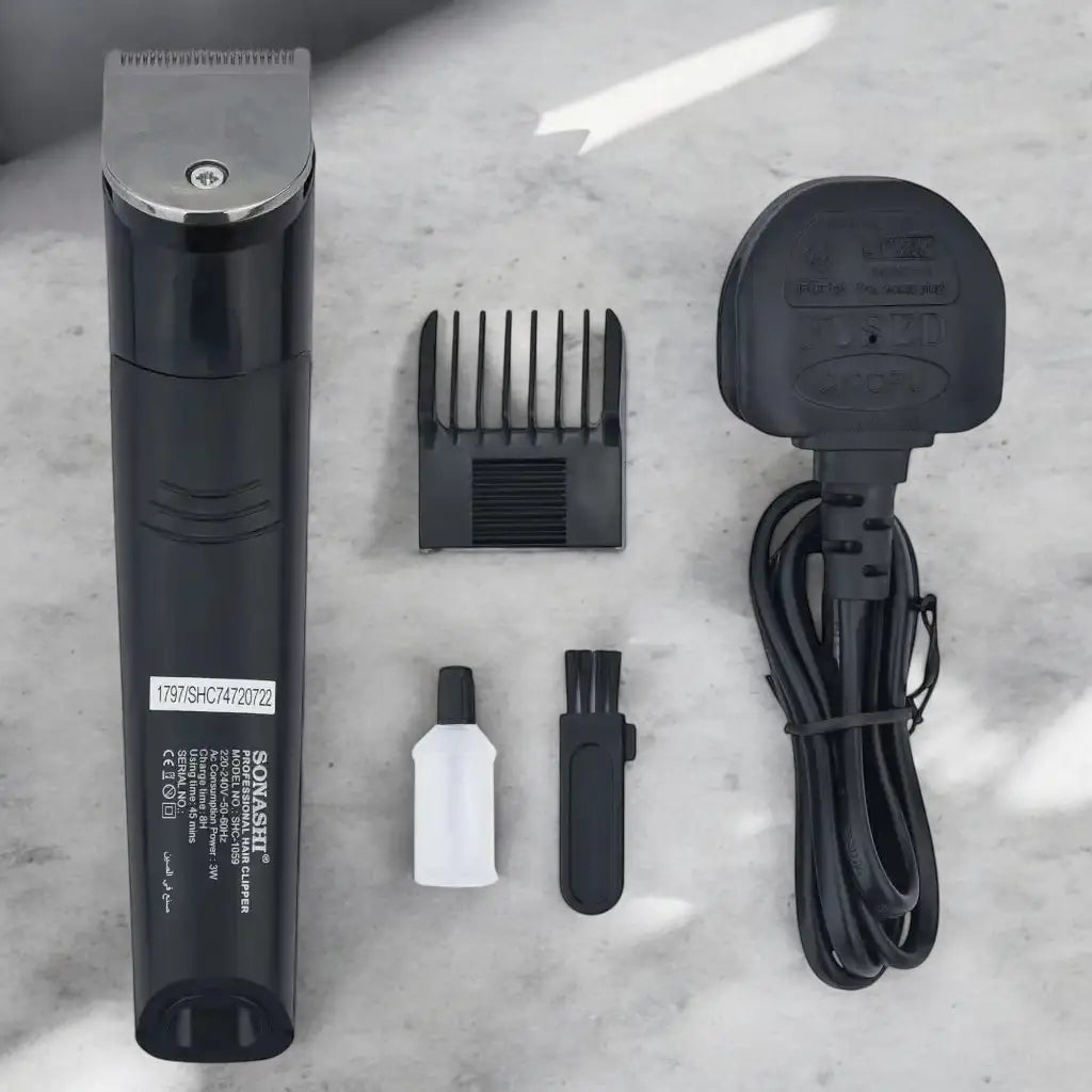 Sonashi Cordless Hair Clipper – Rechargeable Grooming Kit with 5 Combs, USB Charging, Stainless Steel Blade & Accessories | 45-Min Runtime | Sleek Black Design | SHC-1059 - Damoo