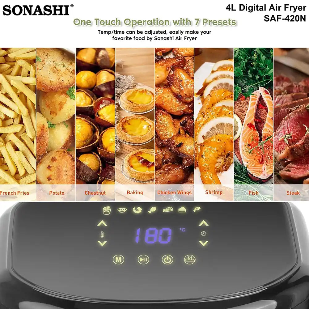 Sonashi Digital Air Fryer 4.0L – Non-Stick Basket, LED Display, 1200W Power, Adjustable Temperature (80–200°C), 60-Min Timer, Overheat Protection & Auto Shut-Off – SAF-420N - Damoo