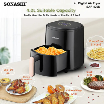 Sonashi Digital Air Fryer 4.0L – Non-Stick Basket, LED Display, 1200W Power, Adjustable Temperature (80–200°C), 60-Min Timer, Overheat Protection & Auto Shut-Off – SAF-420N - Damoo